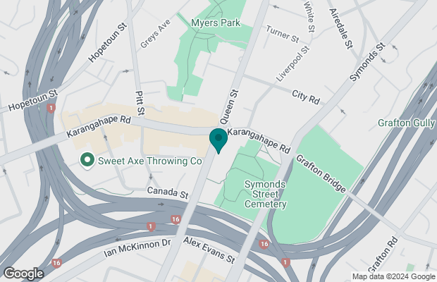 Map showing the location near the intersection of Karangahape Road and Queen Street in Auckland, New Zealand, close to Myers Park and Symonds Street Cemetery.