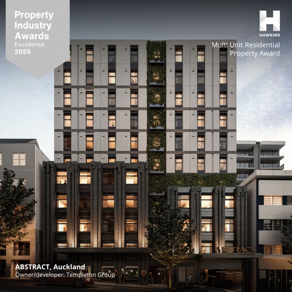 Exterior of Abstract Hotel & Residences in Auckland, a multi-storey building featuring modern architecture with vertical greenery.